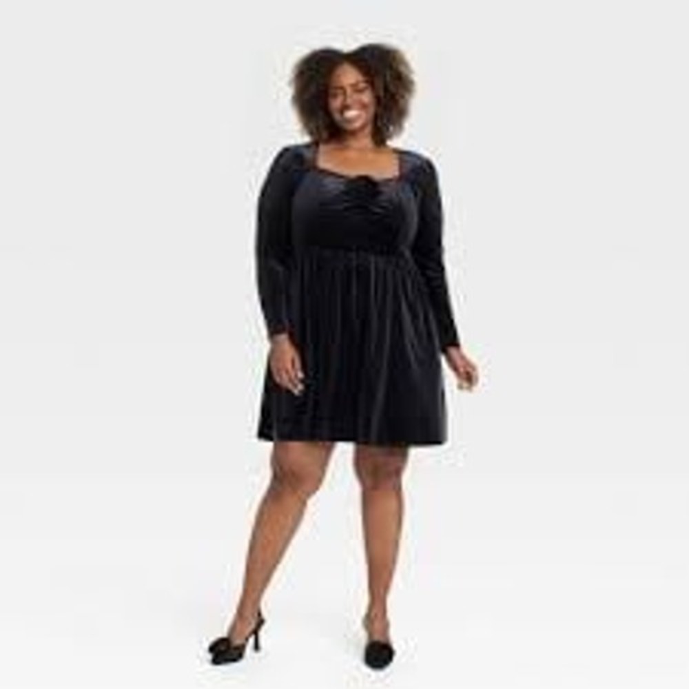 NEW Ava‎ & Viv Plus Size Black Velour Longsleeve Rosette  A Line Mini Dress, XXL